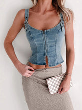 Fitted Denim Corset Tank Top with Front Zip