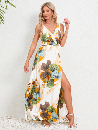 Slit Tied Printed Surplice Dress White Woman Maxi Dress