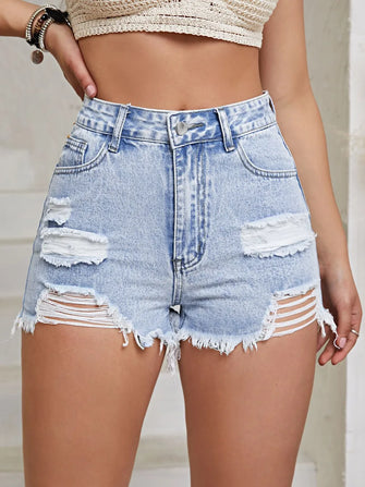 Distressed Raw Hem High Waist Denim Shorts Light