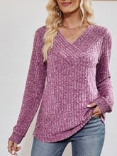 V-Neck Ribbed Long Sleeve Top Woman Blouses