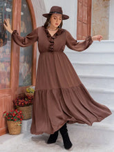 Plus Size V-Neck Ruffle Trim Maxi Dress Brown Woman Maxi Dress
