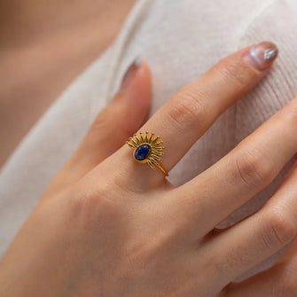 Sunflower Lapis Lazuli Adjustable Ring Gold One Size
