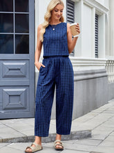 Plaid Sleeveless Top and Pants Set Navy