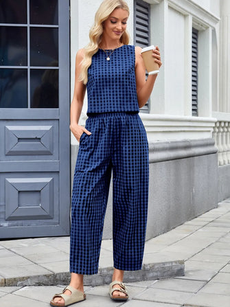 Plaid Sleeveless Top and Pants Set Navy