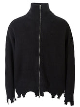 Men's Distressed Hem Ribbed Knit Zip-Up Cardigan Black