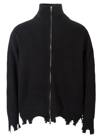 Men's Distressed Hem Ribbed Knit Zip-Up Cardigan Black