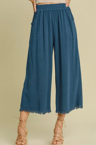 Umgee Full Size Linen Blend Elastic Waistband Wide Leg Pants Plus Size Peacock Blue