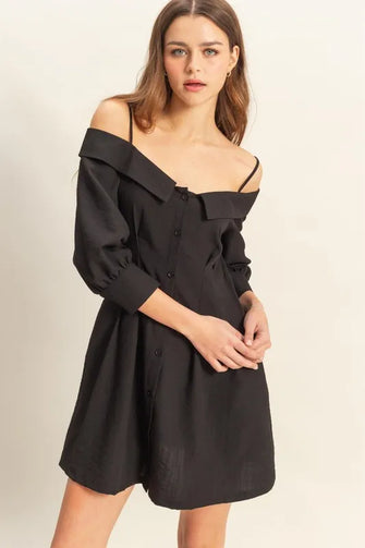 HYFVE Button Down Spaghetti Strap Mini Dress with Pockets Black