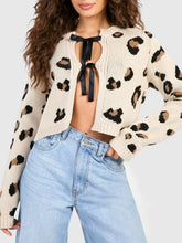 Tied Leopard Round Neck Cardigan Leopard One Size