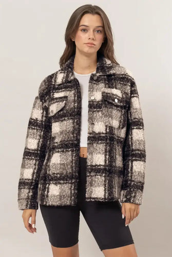 HYFVE Plaid Button Up Boucle Jacket Black Woman Outerwear