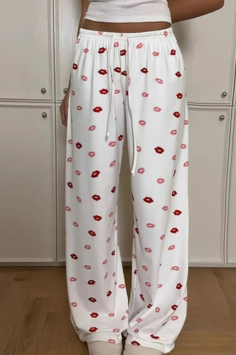Lips Print Wide Leg Pants White