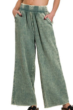 Zenana washed double gauze sage green and white wide-leg pants feature an elastic band waist for comfort