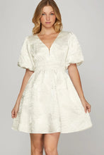 She + Sky Crinkle Woven V-Neck Balloon Sleeve Mini Dress OFF WHITE