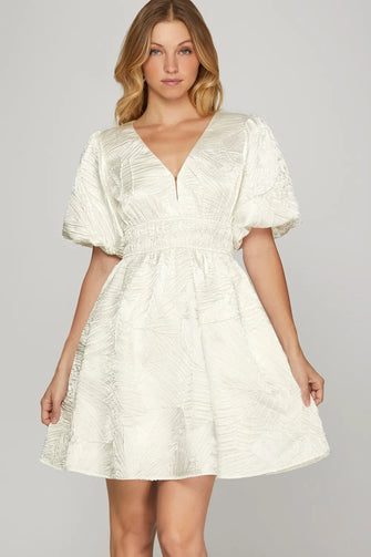 She + Sky Crinkle Woven V-Neck Balloon Sleeve Mini Dress OFF WHITE