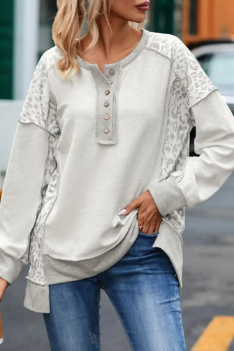Exposed Seam Leopard Long Sleeve Sweatshirt Light Gray Woman Sweatshirts