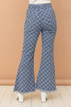 Blue and white checkered high waist bell pants with flared denim fabric and frayed hem from and the why checkerboard collection