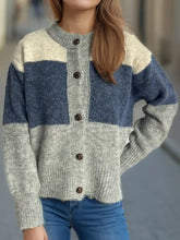 Color Block Round Neck Button Up Cardigan Woman Outerwear