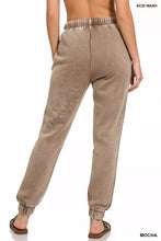 Zenana acid wash fleece sweatpants in mocha with vintage wash soft texture and elastic cuffs with pockets
