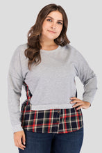 Full Size Plaid Patch Drop Shoulder Round Neck Top Light Gray