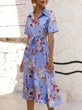 Printed Tie Waist Short Sleeve Midi Shirt Dress