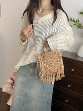 Drawstring Fringe Crochet Bag Khaki One Size Shoulder Bags