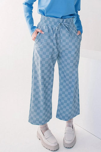 Checkered Elastic High Waist Loose Casual Pants Light Blue