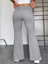 Full size casual drawstring high waist flare pants in gray heathered stretchy fabric with a relaxed fit