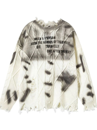 Men's Distressed Letter Round Neck Sweater White