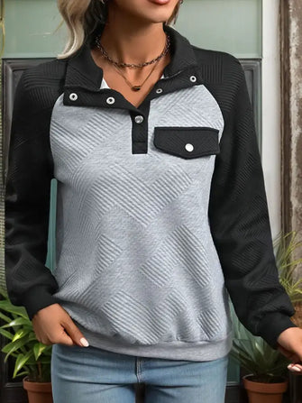 Perfee Contrast Textured Long Sleeve Sweatshirt Light Gray Woman Sweatshirts