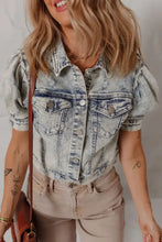 Wash Buttoned Chest Pocket Puff Sleeve Denim Jacket Woman Outerwear