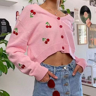 Cherry Button Down Cardigan Pink