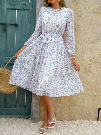 Printed Round Neck Long Sleeve Midi Dress White