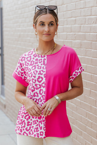 Leopard Two-Tone Round Neck Tee Hot Pink