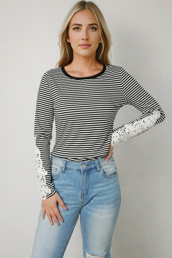 Striped Round Neck Long Sleeve Lace Trim T-Shirt Black