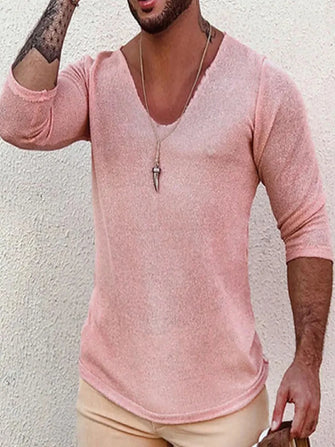 Men's Full Size V-Neck Long Sleeve T-Shirt Plus Size Dusty Pink