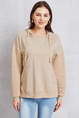Drawstring Kangaroo Pocket Dropped Shoulder Hoodie Khaki Woman Sweatshirts