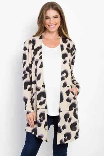 Be Stage Printed Open Front Knit Cardigan with Pockets Taupe Woman Outerwear