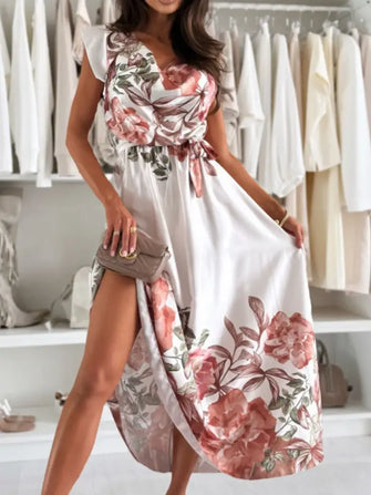 Tie Waist Floral Cap Sleeve Dress White Woman Casual Dress