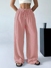 Full size plus size red and white vertically striped wide-leg pants with drawstring waist for comfortable wear
