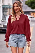 Swiss Dot Notched Neck Flounce Sleeve Blouse Burgundy Woman Blouses