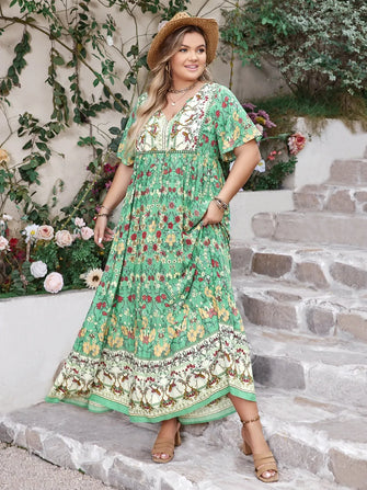 Plus Size Floral Tie Neck Flutter Sleeve Maxi Dress Gum Leaf