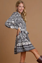 Umgee Full Size Two Tone Floral Border Print Tie Waist Mini Dress Plus Size Casual Dresses