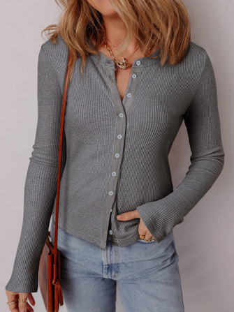 Ribbed Button-Up Cardigan Dark Gray