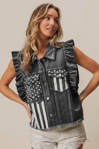 BiBi American Flag Washed Denim Jacket BLACK CHARCOAL Woman Outerwear
