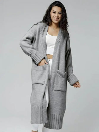 Pocketed Open Front Dropped Shoulder Cardigan Gray One Size Woman Outerwear