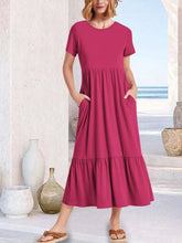 Round Neck Short Sleeve Midi Tee Dress Deep Rose