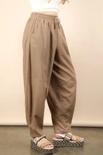 Beige high-waisted solid barrel comfy woven pants with elastic waistband and drawstring for casual wear