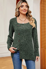 Decorative Button Square Neck T-Shirt Dark Green