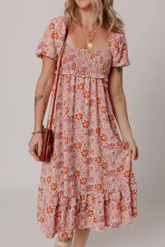 Floral Square Neck Knotted Ruffle Midi Dress Dusty Pink Casual Dresses