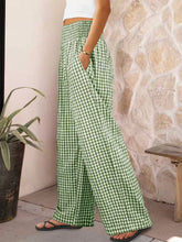 Green and white gingham high-waisted wide leg pants with elastic waistband in lightweight fabric
